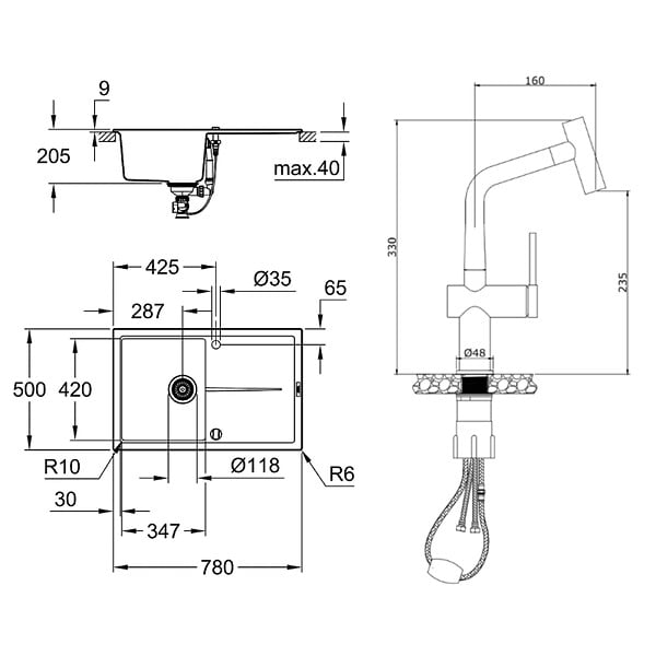 GROHE - Grohe K400 Evier en quartz composite avec égouttoir réversible 780x500 mm + Ceramia Timeless mitigeur (G31639TML1BM-SET) - large