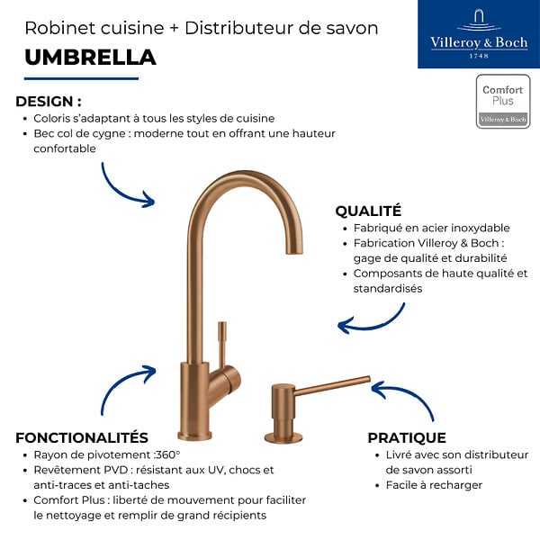 VILLEROY ET BOCH - Robinet cuisine  Umbrella + Distributeur de savon Bronze - large