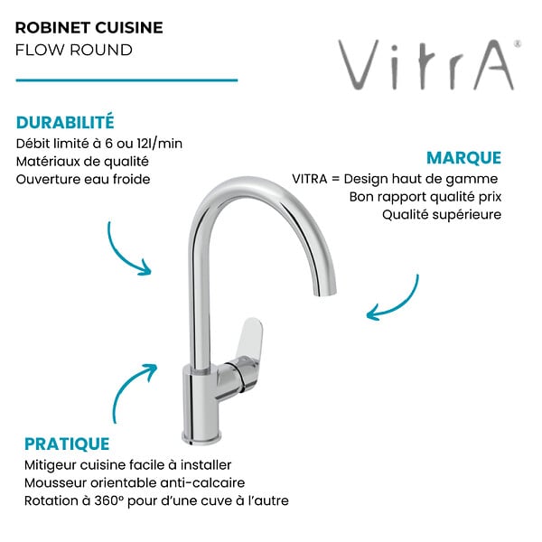 VITRA - Robinet de cuisine bec haut VitrA Flow Round Chromé - large