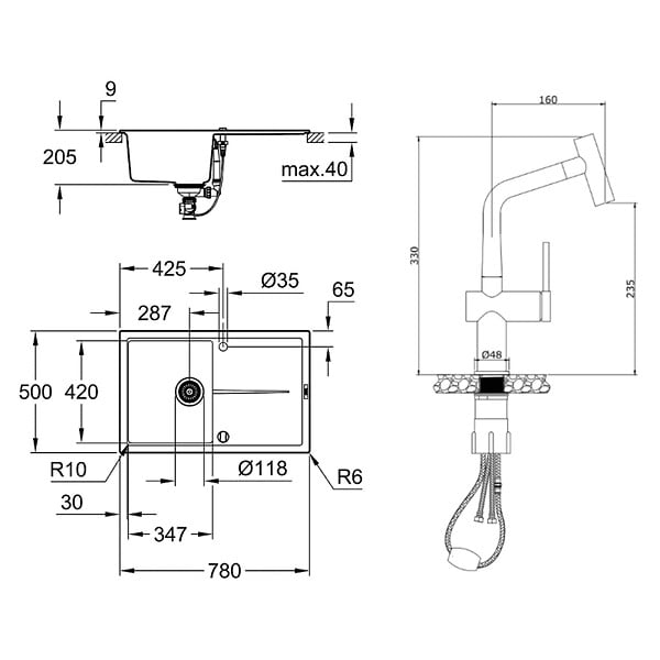 GROHE - Grohe K400 Evier en quartz composite avec égouttoir réversible 780x500 mm + Ceramia Timeless mitigeur (G31639TML1BGM-SET) - large