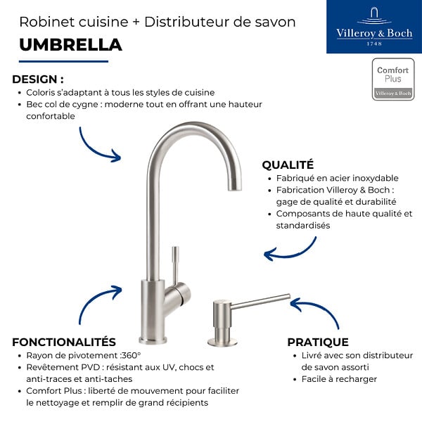 VILLEROY ET BOCH - Robinet cuisine  Umbrella + Distributeur de savon Acier massif - large