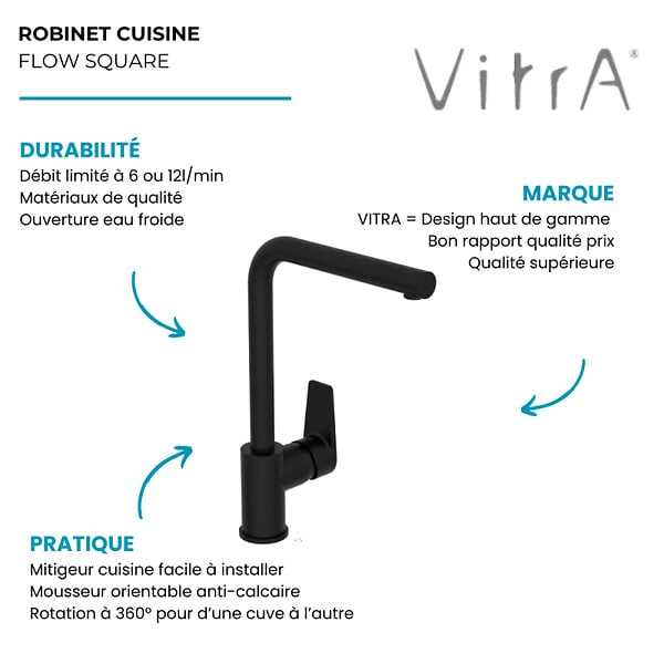 VITRA - Robinet de cuisine bec haut VitrA Flow Square noir mat - large