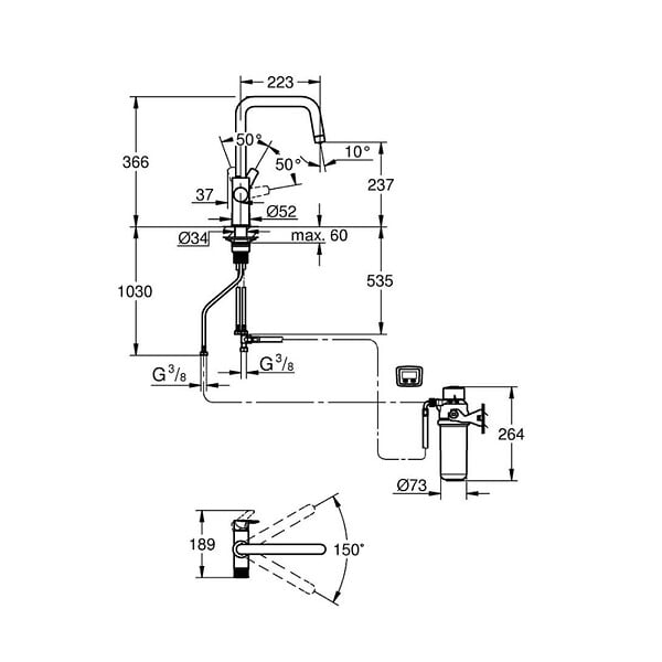 GROHE - Blue Pure Start mitigeur évier avec fonction filtration + Kit de démarrage avec filtre à charbon actif, chrome (G30596000) - large