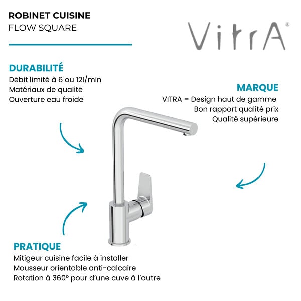 VITRA - Robinet de cuisine bec haut VitrA Flow Square chromé - large