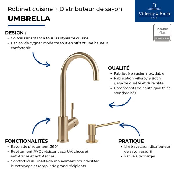 VILLEROY ET BOCH - Robinet cuisine  Umbrella + Distributeur de savon Or mat - large