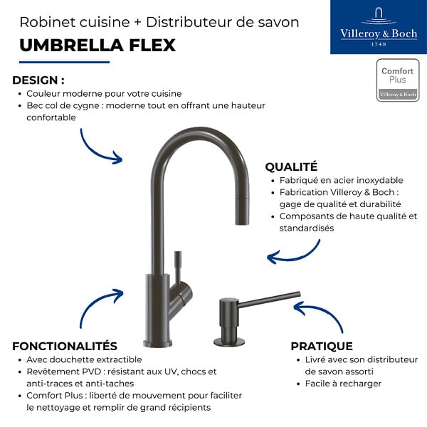 VILLEROY ET BOCH - Robinet cuisine  Umbrella flex + Distributeur de savon Anthracite - large