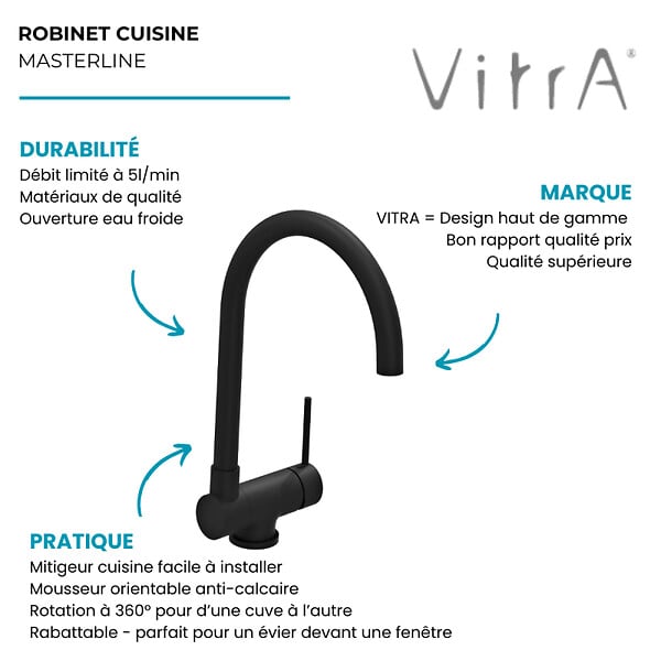 VITRA - Robinet cuisine rabattable VitrA Masterline noir mat - large