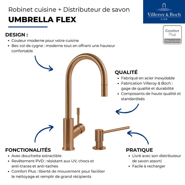 VILLEROY ET BOCH - Robinet cuisine  Umbrella flex + Distributeur de savon Bronze - large