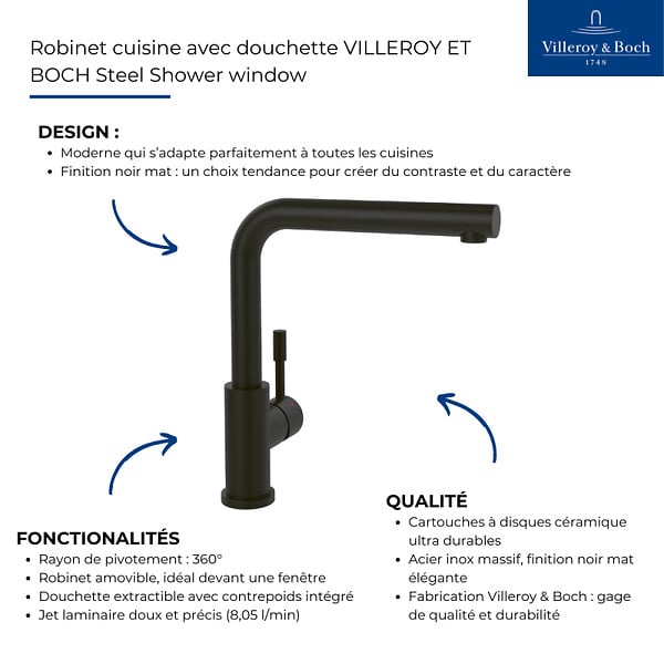 VILLEROY ET BOCH - Robinet cuisine avec douchette  Steel Shower window noir mat - large
