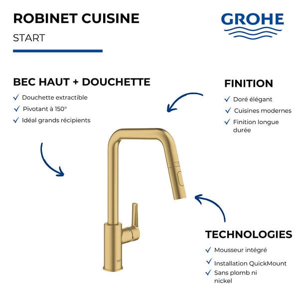 GROHE - Robinet cuisine bec haut avec douchette Start Cool Sunrise - large