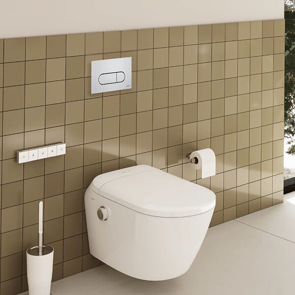VITRA - Pack WC lavant suspendu sans bride avec abattant et attentes électriques VitrA V-Care Ultra blanc + bâti autoportant V-Fix Easy + plaque chromé - large