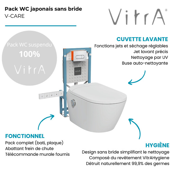 VITRA - Pack WC lavant suspendu sans bride avec abattant et attentes électriques VitrA V-Care Ultra blanc + bâti autoportant V-Fix Easy + plaque chromé - large