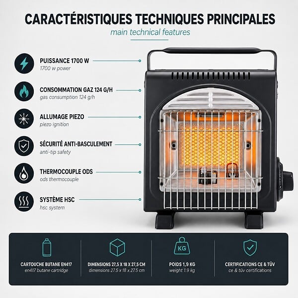INTEC - Chauffage à Gaz Portable 1700W Fuego + 12 Cartouches Butane EN417 Piezo HSC ODS Anti-Basculement INTEC - large
