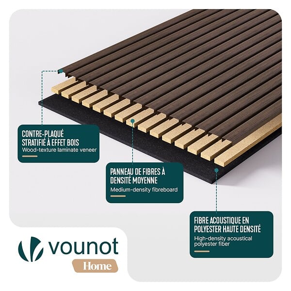 VOUNOT - Lot de 4 panneaux acoustiques muraux Tasseaux en bois MDF avec feutre noir 120x60x2.1cm chêne foncé - large
