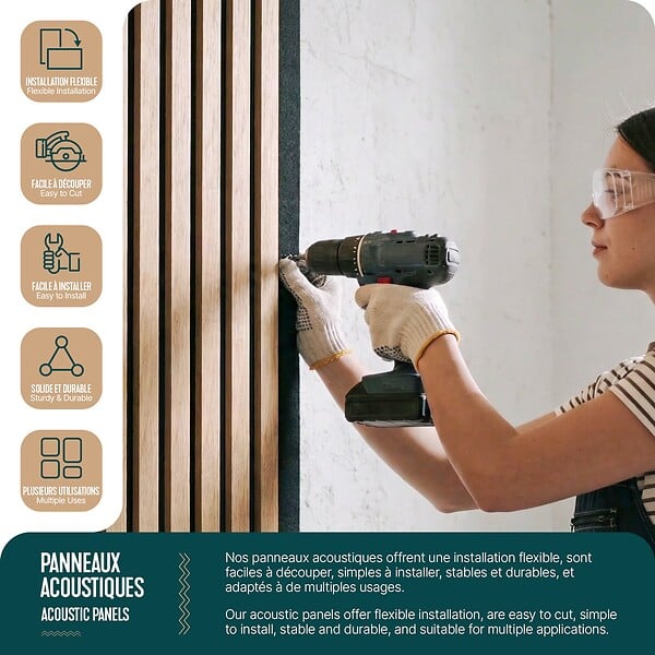 VOUNOT - Lot de 4 panneaux acoustiques muraux Tasseaux en bois MDF avec feutre noir 120x60x2.1cm chêne clair - large