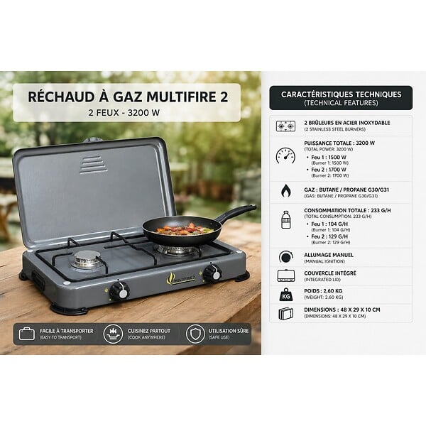 INTEC - Réchaud à gaz portable 2 feux 3200W Brûleurs Inox - Plaque de cuisson gaz Butane ou Propane Design Gris INTEC - large