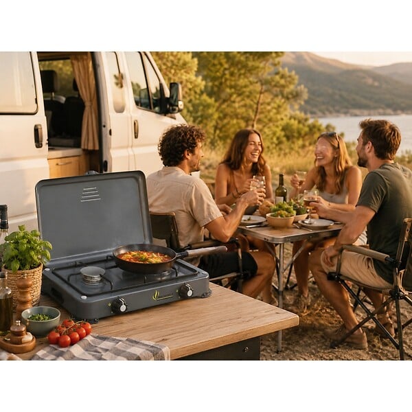 INTEC - Réchaud à gaz portable 2 feux 3200W Brûleurs Inox - Plaque de cuisson gaz Butane ou Propane Design Gris INTEC - large