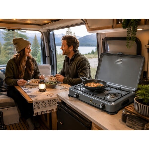 INTEC - Réchaud à gaz portable 2 feux 3200W Brûleurs Inox - Plaque de cuisson gaz Butane ou Propane Design Gris INTEC - large