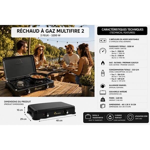 INTEC - Réchaud à gaz portable 2 feux 3200W Brûleurs Inox - Plaque de cuisson gaz Butane ou Propane Design Noir INTEC - large
