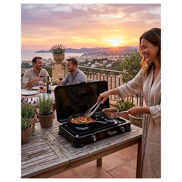 INTEC - Réchaud à gaz portable 2 feux 3200W Brûleurs Inox - Plaque de cuisson gaz Butane ou Propane Design Noir INTEC - large