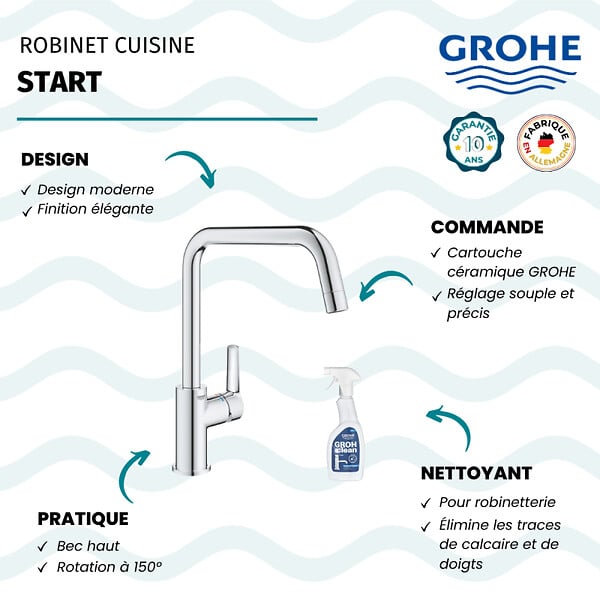 GROHE - Robinet de cuisine monocommande Start 2021 chromé + nettoyant GrohClean - large