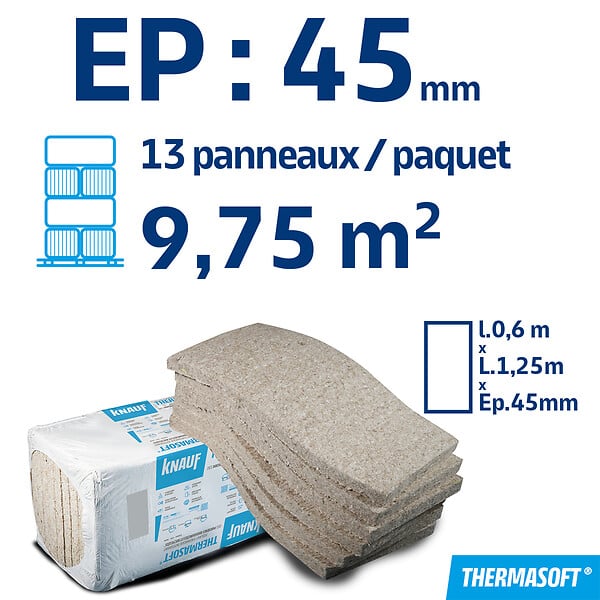 KNAUF - Isolant ThermaSoft Coton recyclé - 13 panneaux - H.125xL.60xEp.4,5cm - large