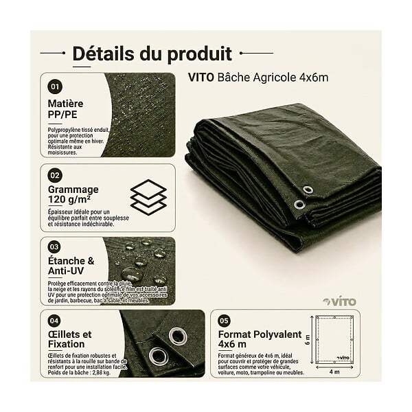 VITO - Bâche de protection 4 x 6 m Verte Etanche Protection Anti UV VITO - large