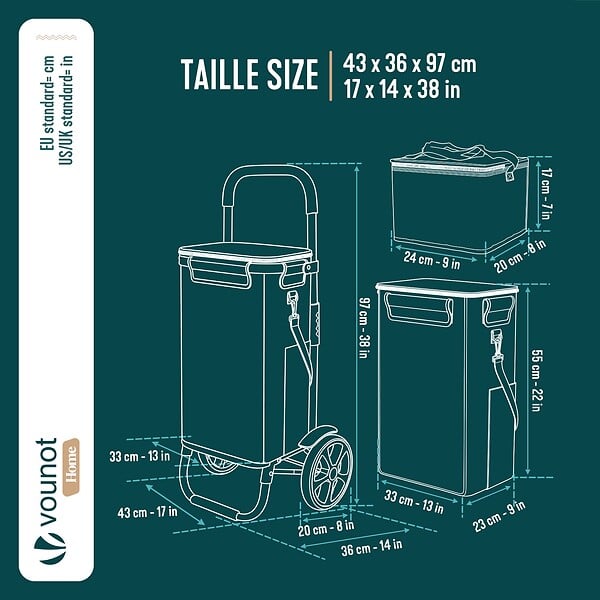 VOUNOT - Chariot de course pliable aluminium 2 roues avec sac isotherme bleu marine - large