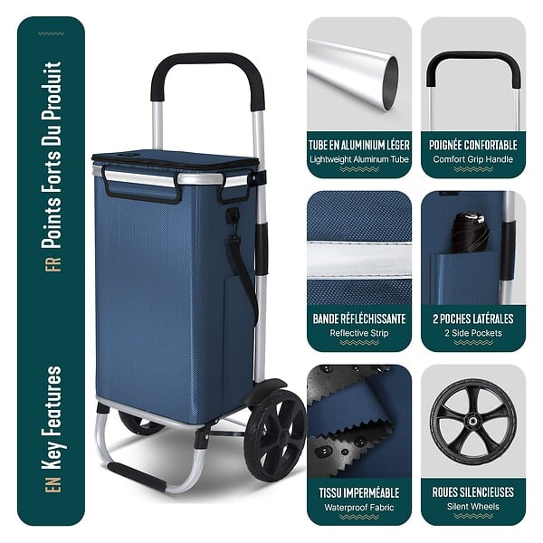 VOUNOT - Chariot de course pliable aluminium 2 roues avec sac isotherme bleu marine - large