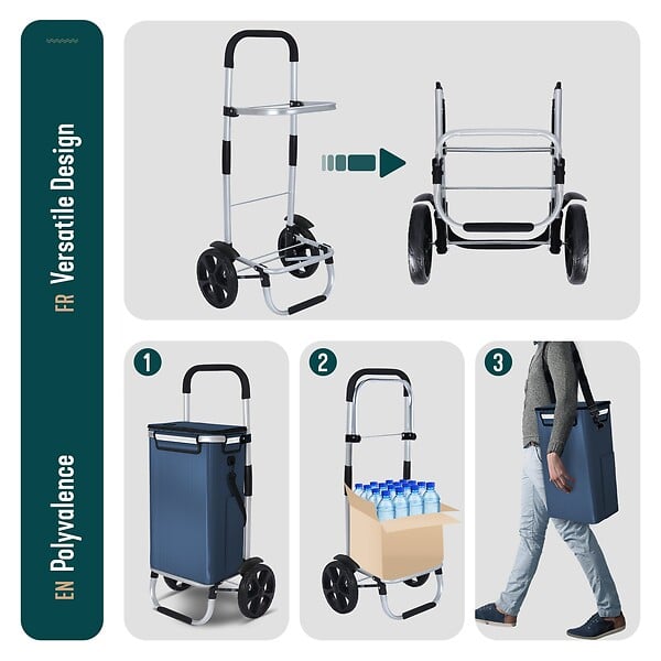 VOUNOT - Chariot de course pliable aluminium 2 roues avec sac isotherme bleu marine - large