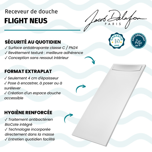 JACOB DELAFON - Receveur de douche antidérapant 140 x 90 Flight Neus acrylique rectangle blanc + bonde + capot - large