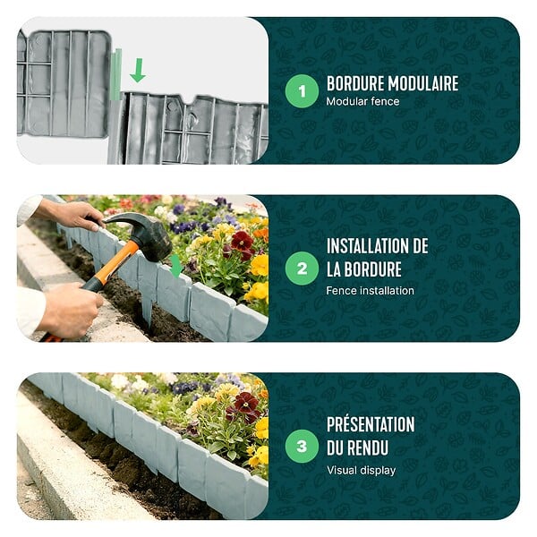 VOUNOT - Bordure de jardin plastique PP imitation pierre 10m gris clair - large