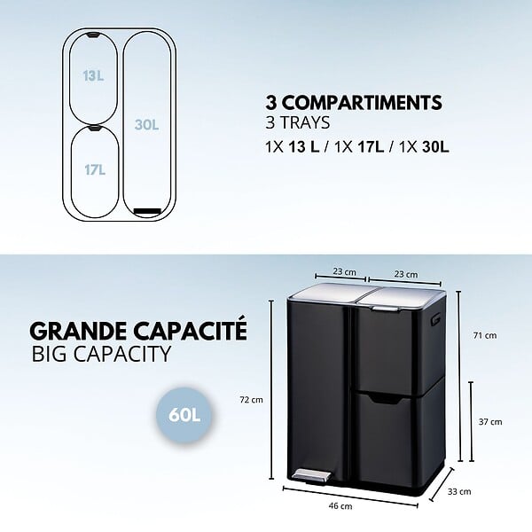 KITCHEN MOVE - Poubelle pédale tri sélectif HAJA noir 60L - large