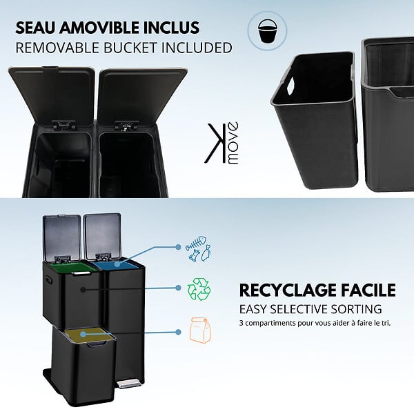 KITCHEN MOVE - Poubelle pédale tri sélectif HAJA noir 60L - large