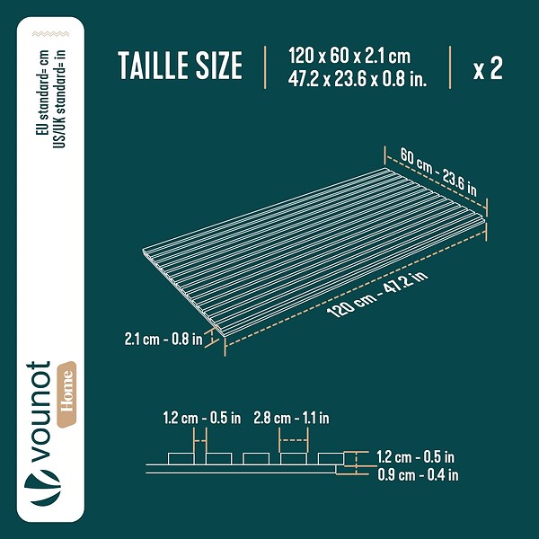 VOUNOT - Lot de 2 panneaux acoustiques muraux Tasseaux en bois MDF avec feutre noir 120x60x2.1cm chêne blanc - large
