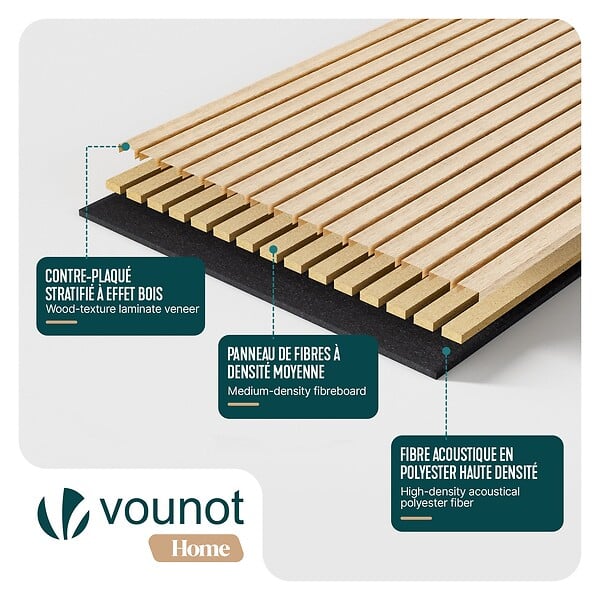 VOUNOT - Lot de 2 panneaux acoustiques muraux Tasseaux en bois MDF avec feutre noir 120x60x2.1cm chêne blanc - large