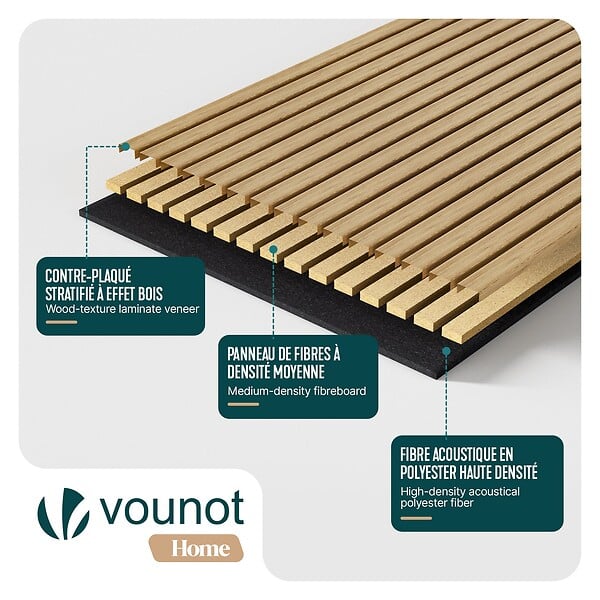 VOUNOT - Lot de 6 panneaux acoustiques muraux Tasseaux en bois MDF avec feutre noir 120x60x2.1cm chêne clair - large