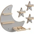 TECTAKE - Étagère murale gris, ensemble décoratif lune et étoiles, bois massif, magnétique, support écouteurs inclus - vignette