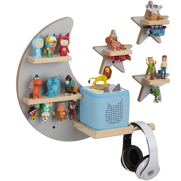 TECTAKE - Étagère murale gris, ensemble décoratif lune et étoiles, bois massif, magnétique, support écouteurs inclus - large