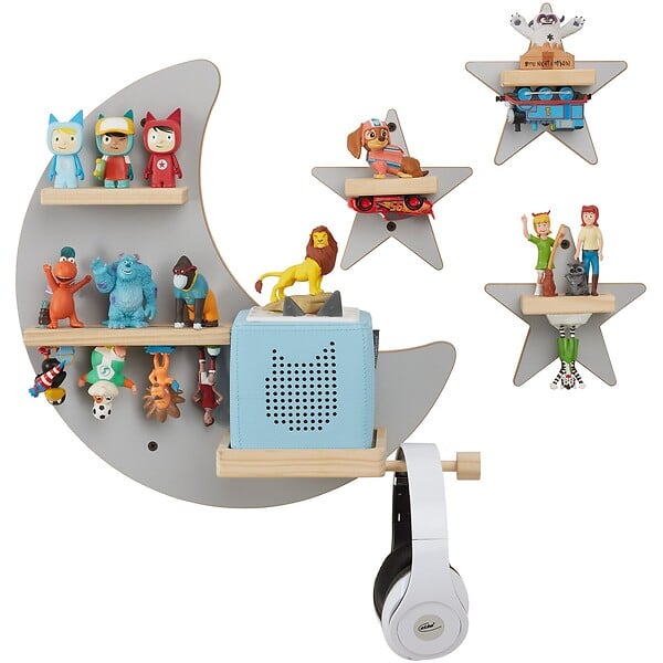 TECTAKE - Étagère murale gris, ensemble décoratif lune et étoiles, bois massif, magnétique, support écouteurs inclus - large