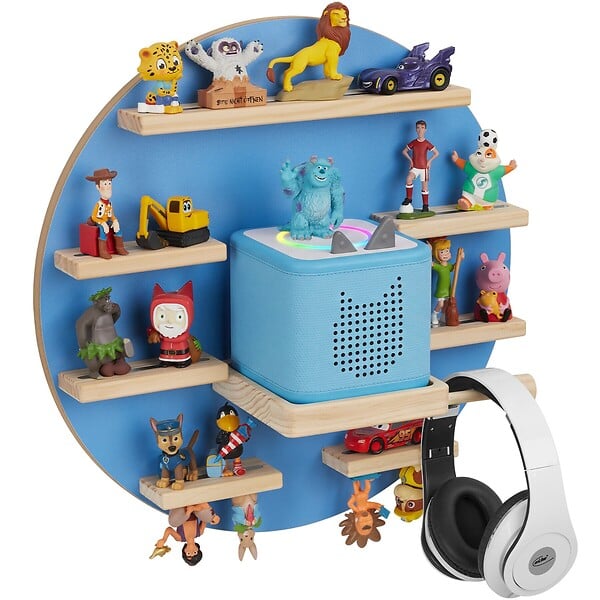 TECTAKE - Étagère murale pour 28 figurines, magnétique, adaptée aux toniebox 1 et 2, avec support écouteurs, suspension invisible, bleu, 44,5 x 16,5 cm - large
