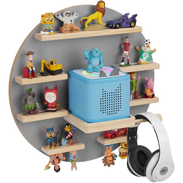 TECTAKE - Étagère murale décorative gris, motif lune, pour 28 figurines, magnétique, support écouteurs, suspension invisible, 44,5 x 16,5 cm - large