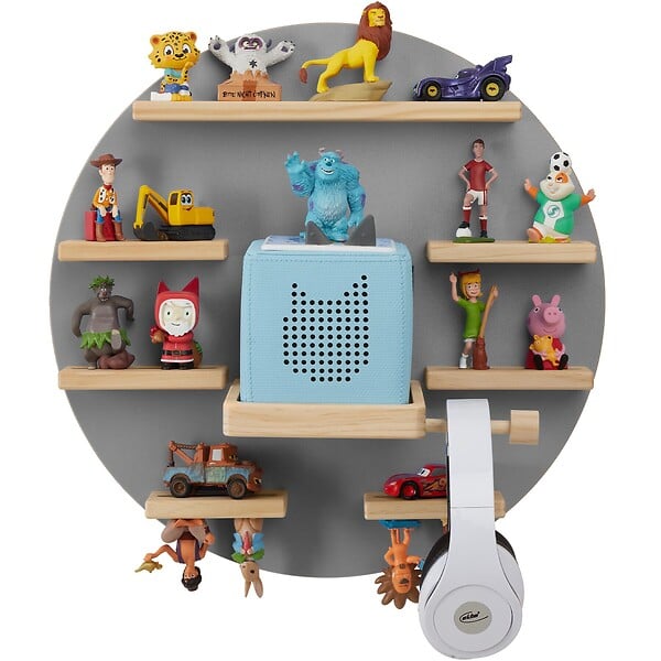 TECTAKE - Étagère murale décorative gris, motif lune, pour 28 figurines, magnétique, support écouteurs, suspension invisible, 44,5 x 16,5 cm - large