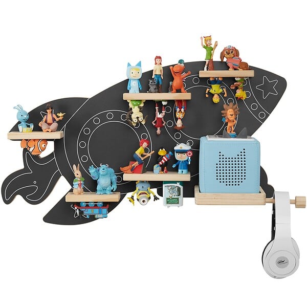 TECTAKE - Étagère murale magnétique, pour 40 figurines, bandes métalliques double face, gris anthracite, support écouteurs inclus - large