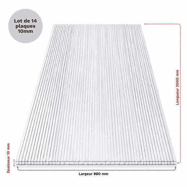 MCCOVER - Lot 14 plaques polycarbonate 10 mm - 3000 x 980 mm alvéolaire translucide Translucide, l.98 cm, L.300 cm - large