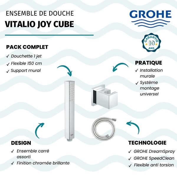 GROHE - Douchette 1 jet Vitalio Joy Cube Stick chromé avec flexible 150 et support carré - large