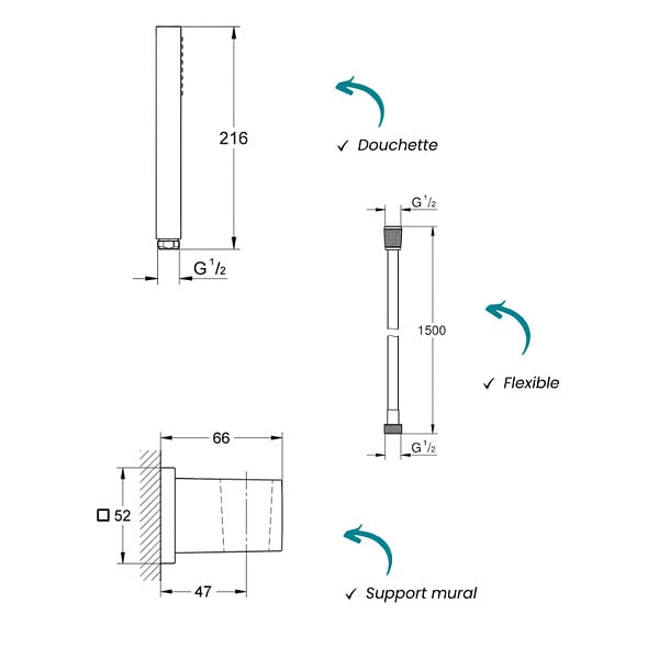 GROHE - Douchette 1 jet Vitalio Joy Cube Stick chromé avec flexible 150 et support carré - large