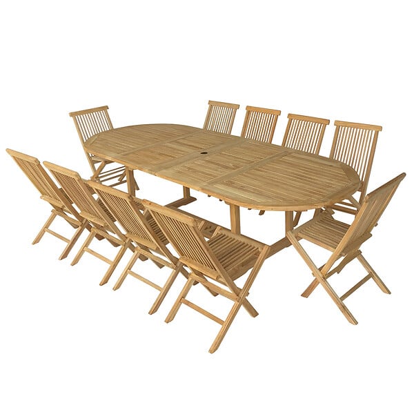 HAPPY GARDEN - Salon de jardin en teck massif LOMBOK - table ovale extensible - 10 places - large