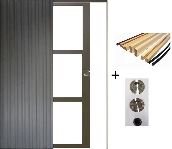 GD MENUISERIES - Porte Coulissante Gris Taupe RAL 7006 Vitrage transparent H204 x L83 cm, Galandage, kit finition (coquille et tire doigt) - large
