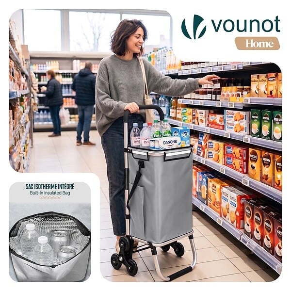 VOUNOT - Chariot de courses pliable monte escalier aluminium avec sac isotherme gris - large